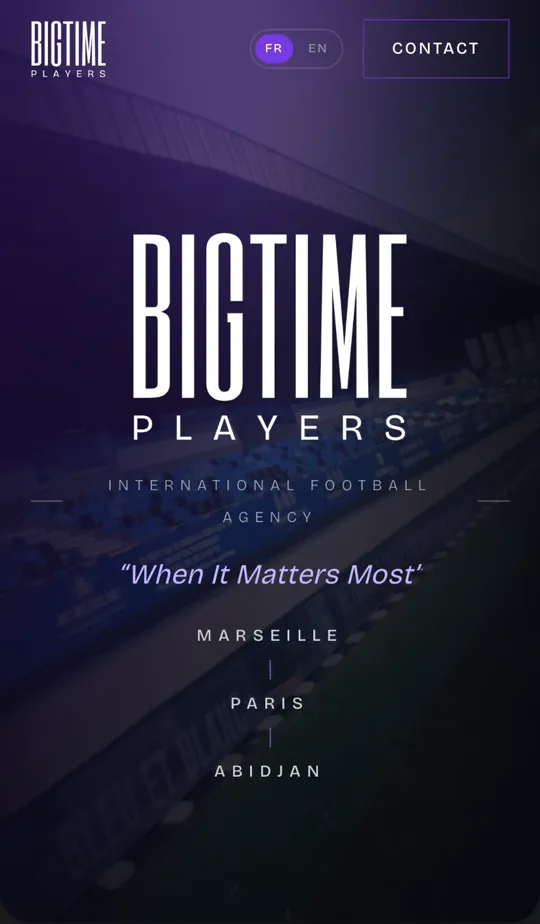 Page d'accueil du site de Bigtime Players sur mobile