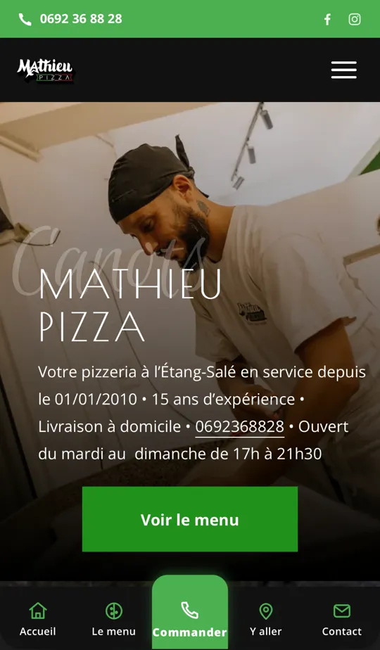 Page d'accueil du site de Mathieu Pizza sur mobile, avec le bouton Commander