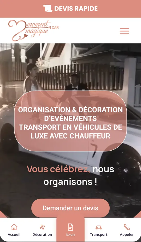 Page d'accueil du site de Moment Magique N Car sur mobile, avec le bouton Demander un devis